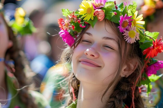 봄 에 야외 축제 를 열고 있는 여자 의 머리 에 다채로운 꽃 을 달고 미소 짓는 모습