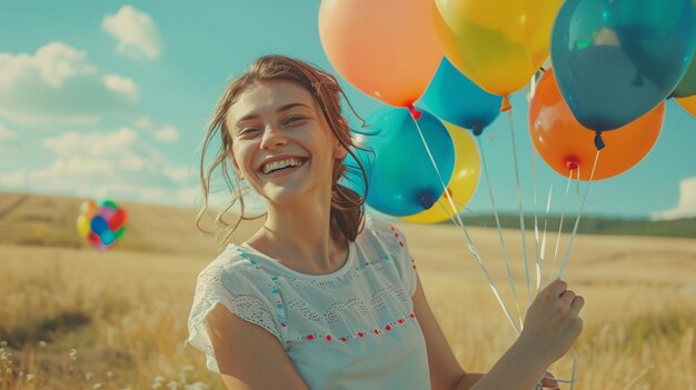 Photo a girl smiles with balloons in a field