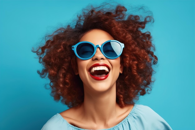 girl smiling on a blue background