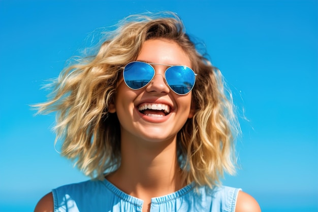 girl smiling on a blue background