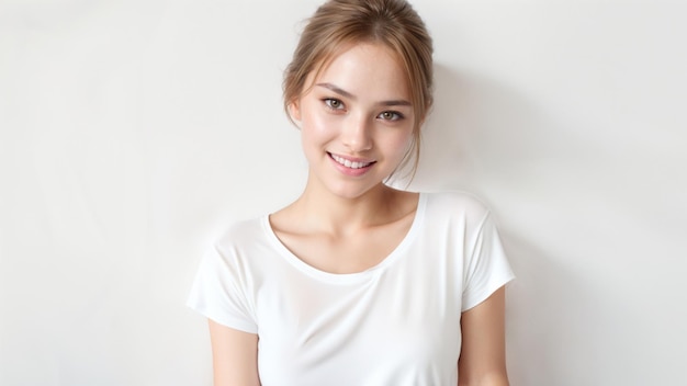 Photo girl smiling looking at camera on white background generative ai