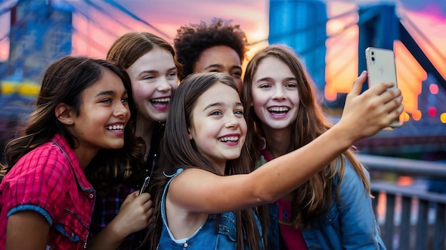 Girl smiling making an auto photo with her friends around