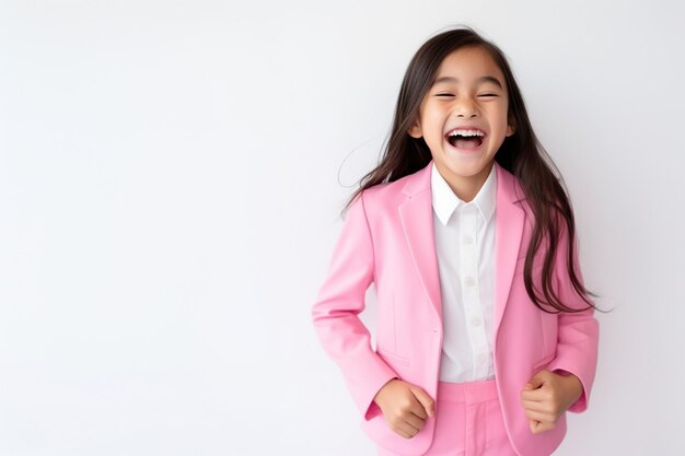 A girl smiling in pink suit