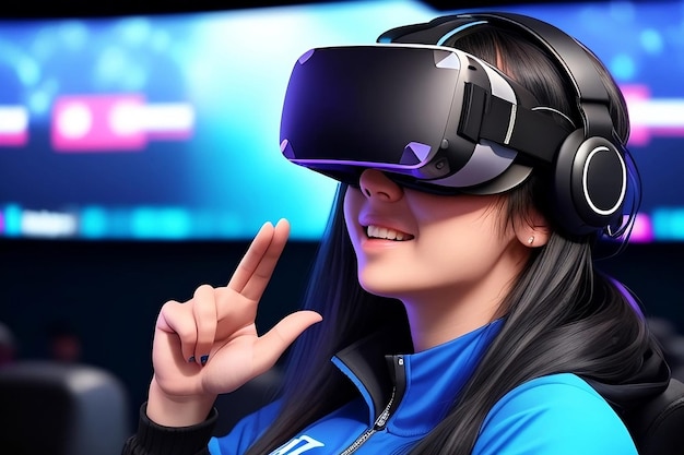 ゲームルームで VR ヘッドセットを装着して微笑む女の子