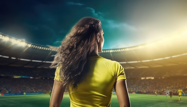 girl soccer player in stadium with yellow shirt