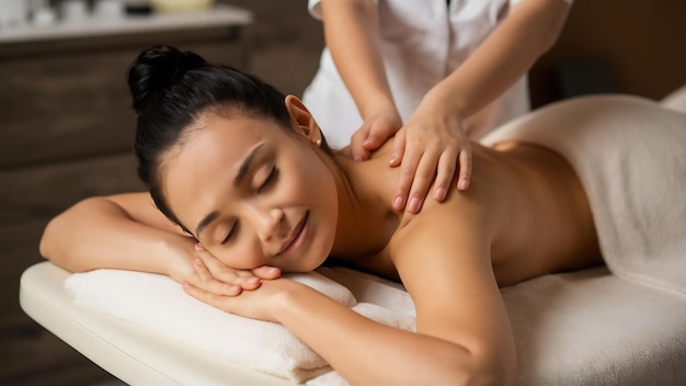 The girl in the spa salon receives a back and neck massage lies in the cosmetology table relaxed