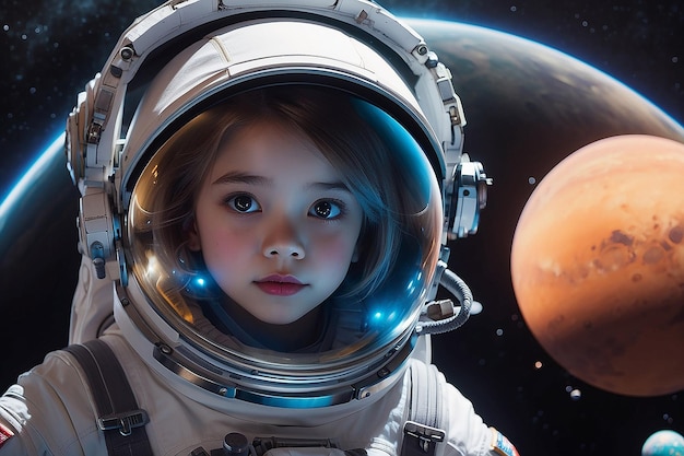 A girl in a space suit with a planet in the background