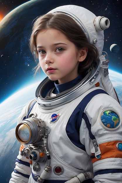 A girl in a space suit with a planet in the background