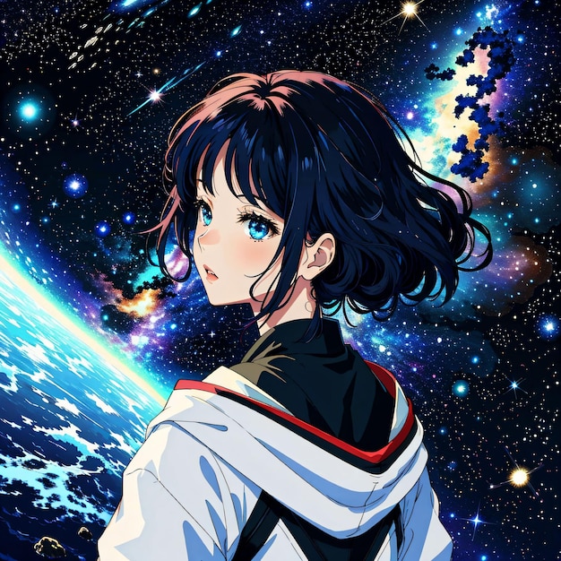 惑星を背景にした宇宙服を着た女の子