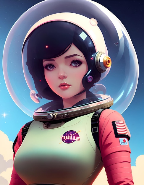 그녀의 가슴에 "칼레"라는 단어가 있는 우주복을 입은 소녀.
