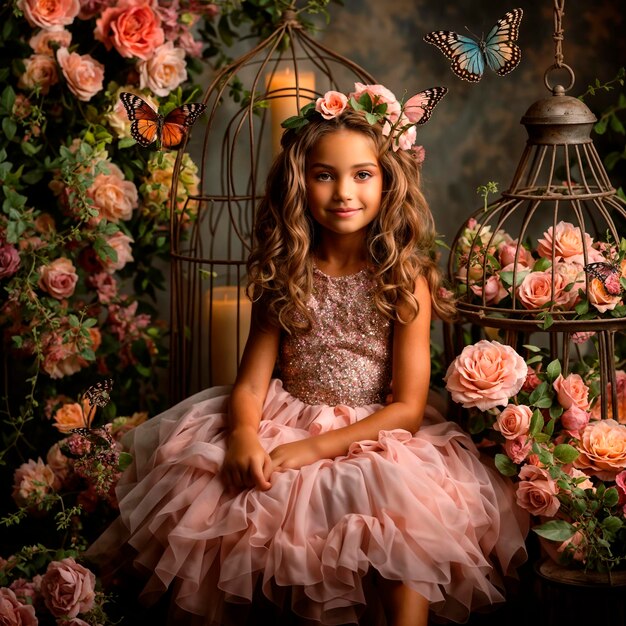 Photo girl in sparkling dress with butterflies and roses