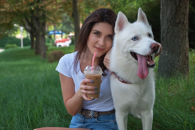 Girl spent time with her lovely pet outdoors