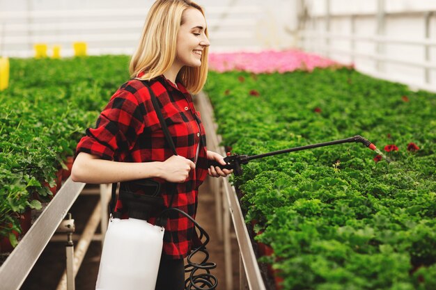 Girl sprays the plants. Girl working in greenhouses. Fertilizer plants