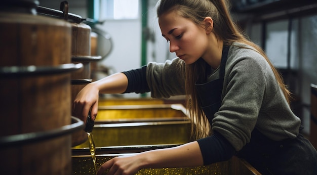 A girl squeezes olive oil from a barrel created with the help of Generative AI technology