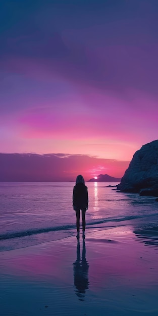 Photo girl standing alone on beach at sunset