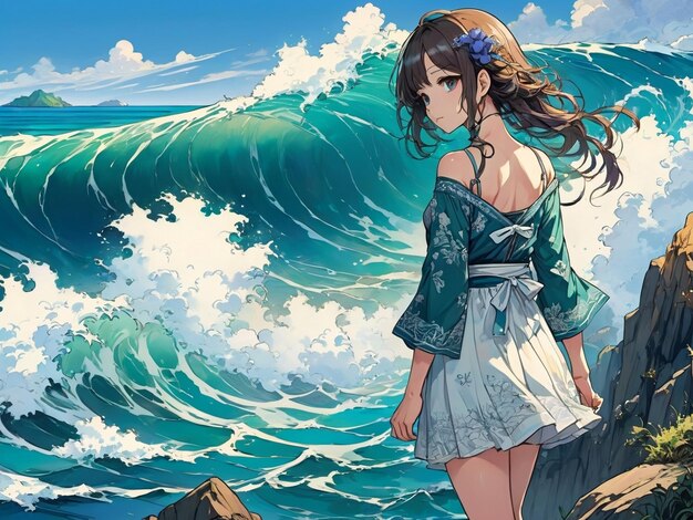 Photo girl standing beside sea anime digital art illustration painting wallpaper