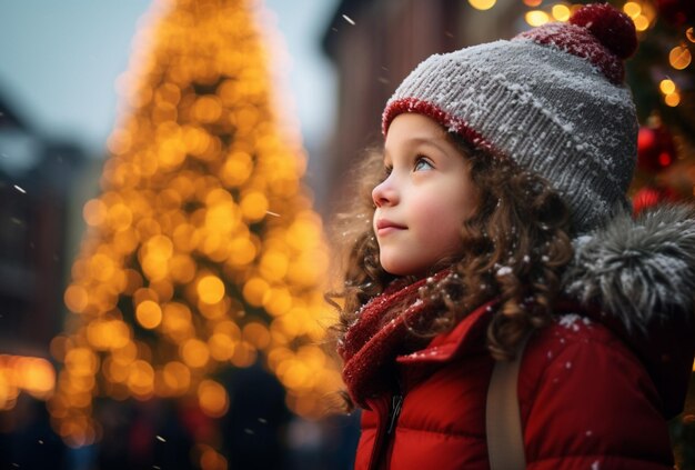 girl standing next to Christmas tree