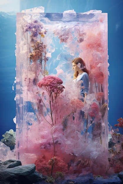 ピンクの花に囲まれた水晶の中に立っている少女