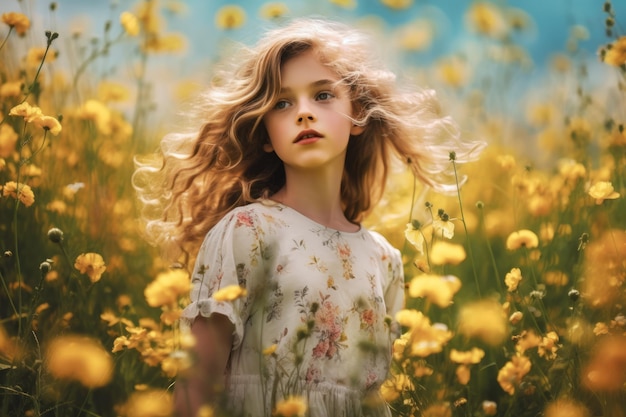 Girl Standing In A Flowers Meadow