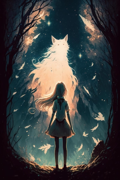 Girl standing in forest looking at cat Generative AI