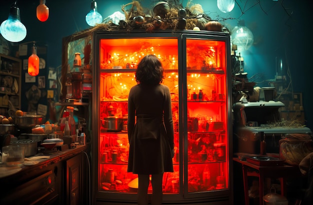 Girl standing in front of food in refrigerator at night