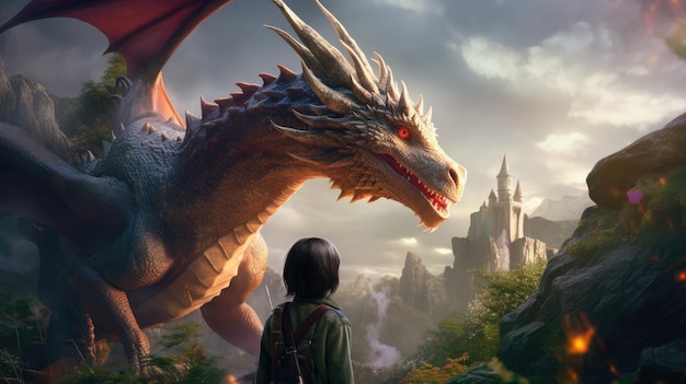 A girl standing in front of a majestic dragon