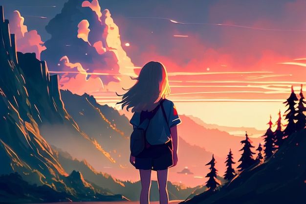 A girl standing in front of a mountain looking at the sunset