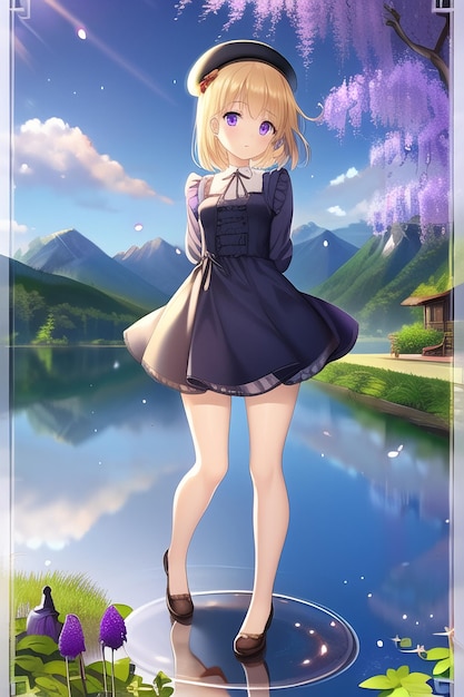 A girl standing in front of a mountain