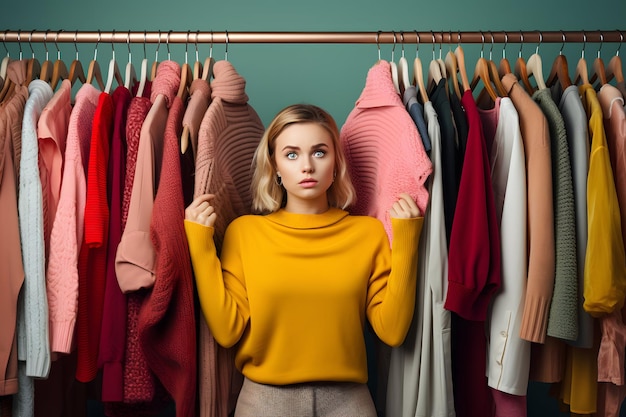 Girl standing in front of a rack of clothes in a clothing store