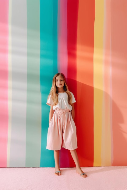 A girl standing in front of a striped wall