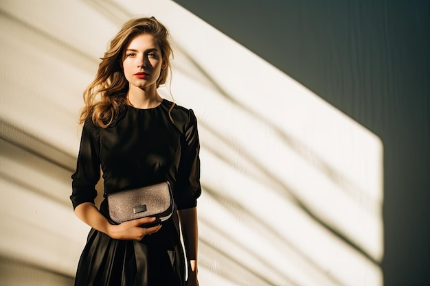 girl standing in front of a white wall wearing a black dress with sun rays passing through her face She is holding a clutch