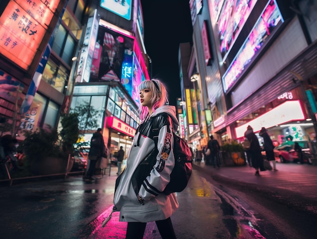 Foto ragazza in piedi in strada futuristica