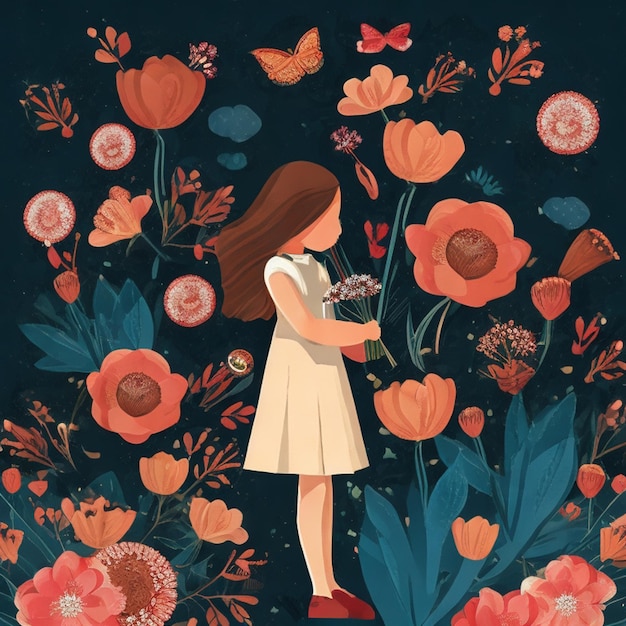 girl standing holding flowers design pattern illustration