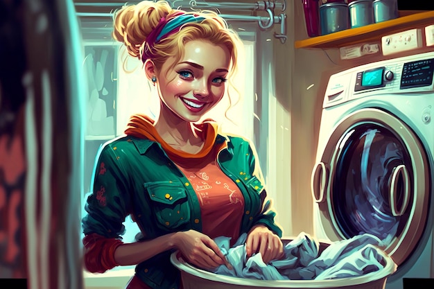 Girl standing next to machine washing and preparing clothes for washing