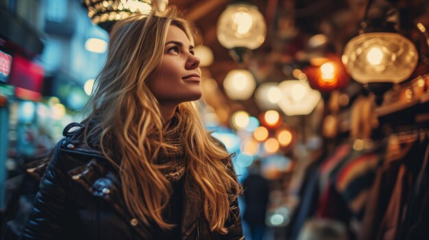 A girl standing in a market full of lights