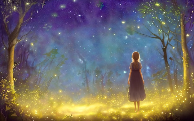 하늘 배경과 머리 위에 별이 있는 마법의 밤 숲 한가운데 서 있는 소녀