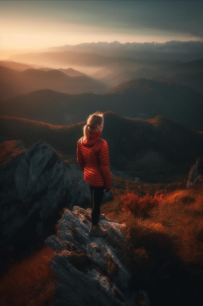 Girl standing on a mountain looking at the sunset