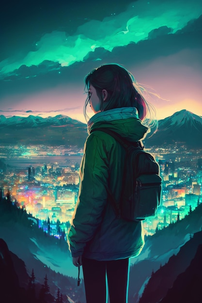 A girl standing on a mountain with a green hoodie and a green jacket that says'the girl is looking at the city '