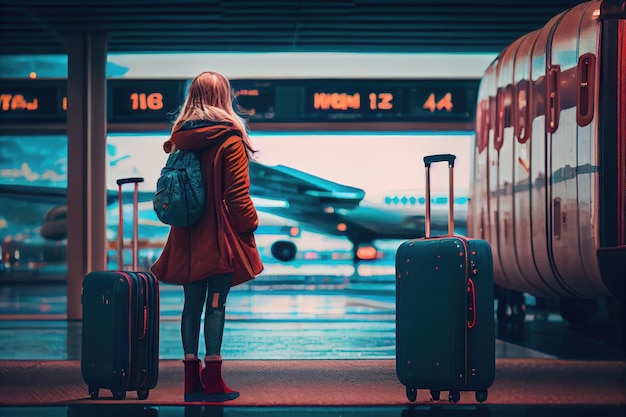 Фото Девушка, стоящая возле аэропорта с чемоданами для путешествий, созданная с помощью генеративного ии