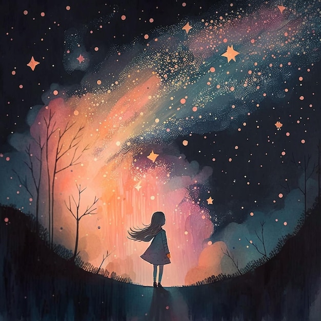 A girl standing on a path looking at the stars