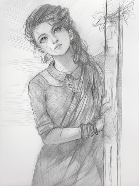 Photo girl_standing_pencil_sketch
