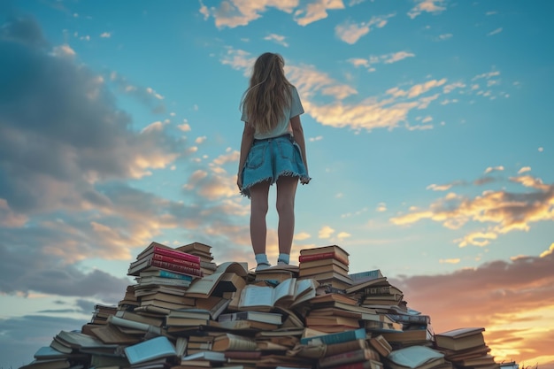 Photo girl standing on pile of books