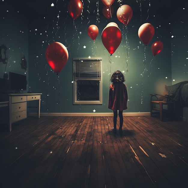 A girl standing in a room with balloons floating in the air.