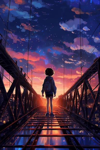 A girl standing on the tracks looking at the stars