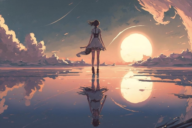 A girl standing in the water looking at the moon