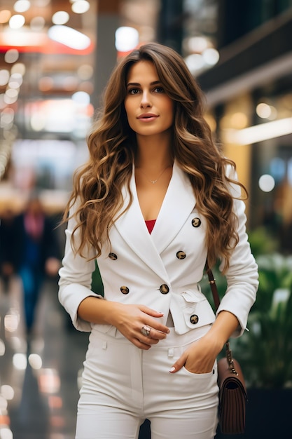 girl standing in white suit