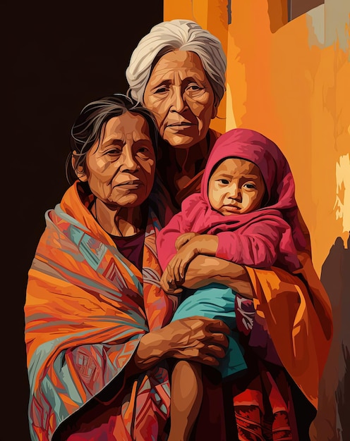 カラフルなアニメーションのスタイルで年上の祖母と幼児と一緒に立っている女の子