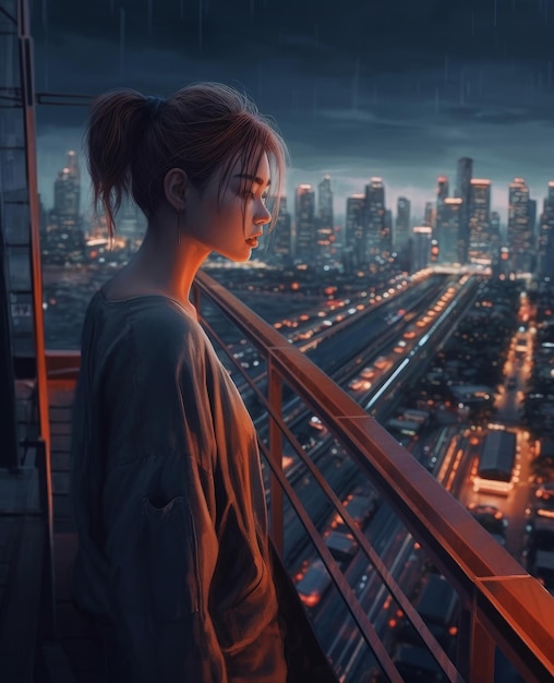 A girl stands on a balcony looking at a cityscape.