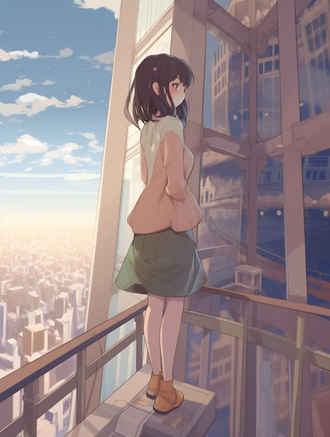 A girl stands on a balcony looking out at a cityscape.