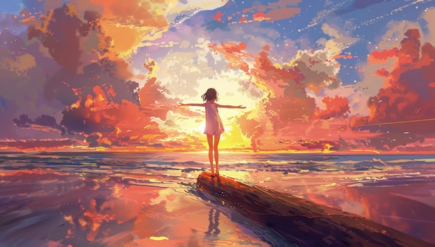 夕暮れのビーチに立つ女の子は腕を伸ばして空と海を抱きしめる